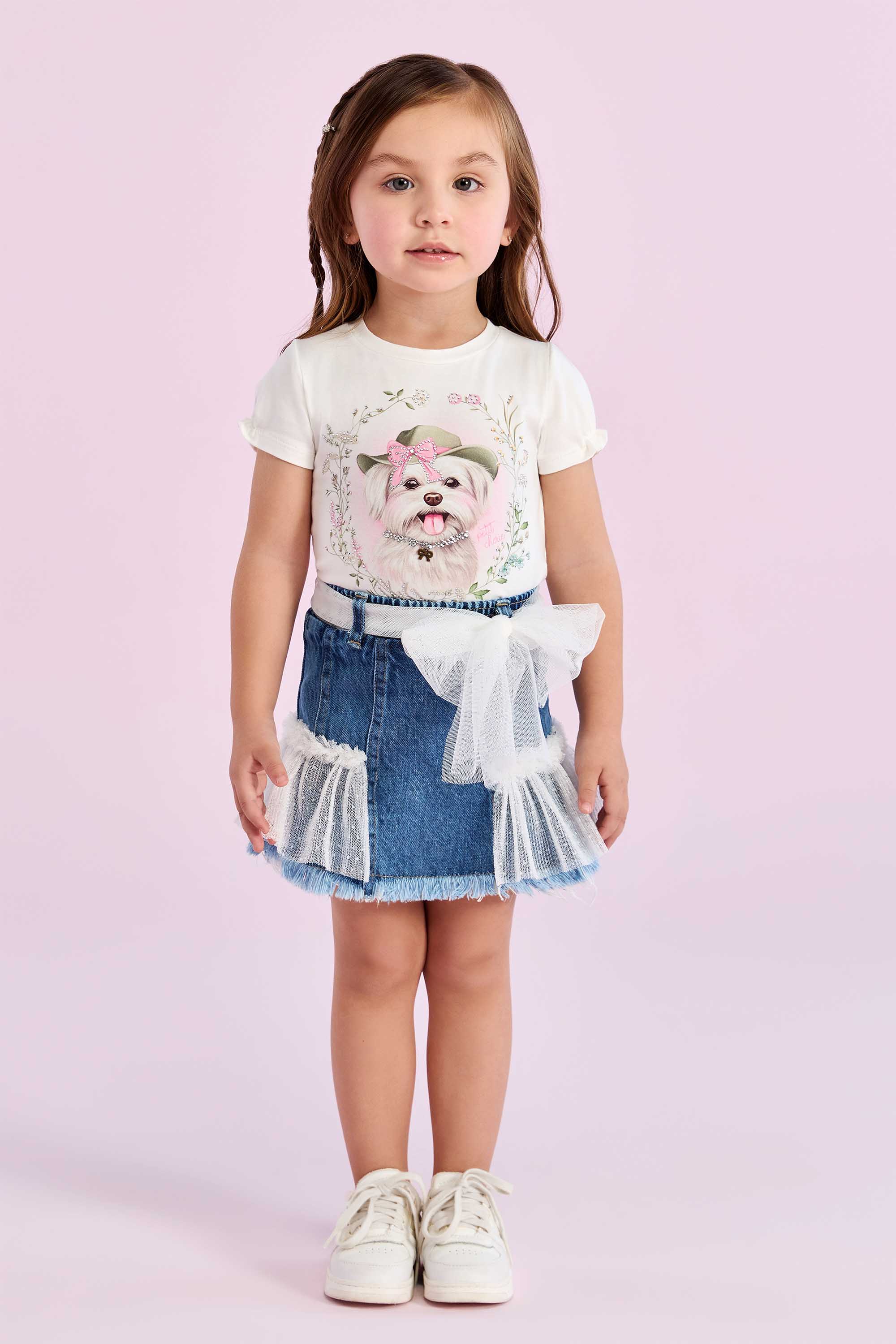 Conjunto Petit Cherie com blusa pet e saia jeans com tule