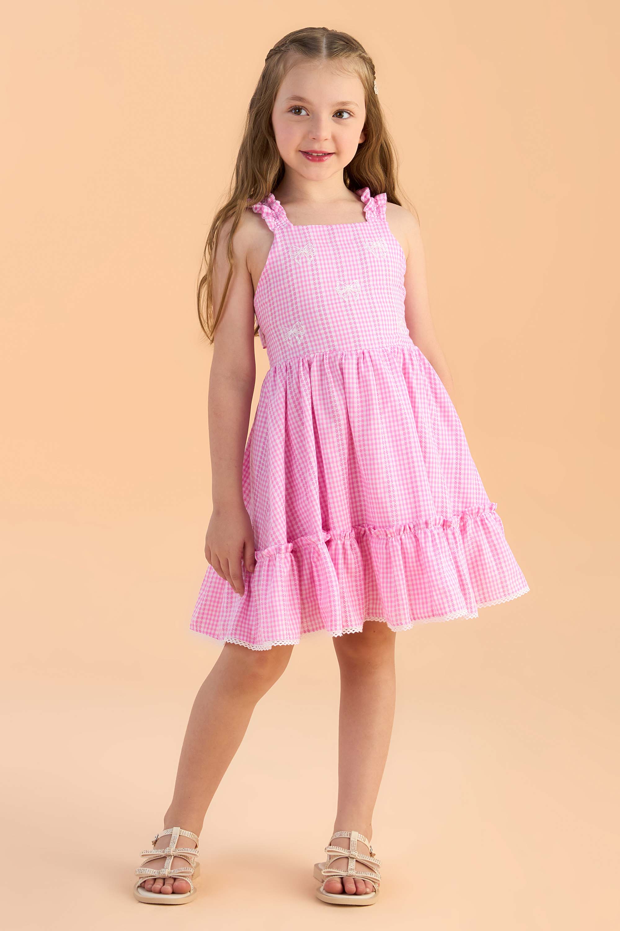 Vestido Vichy Rosa com Borboletas Petit Cherie