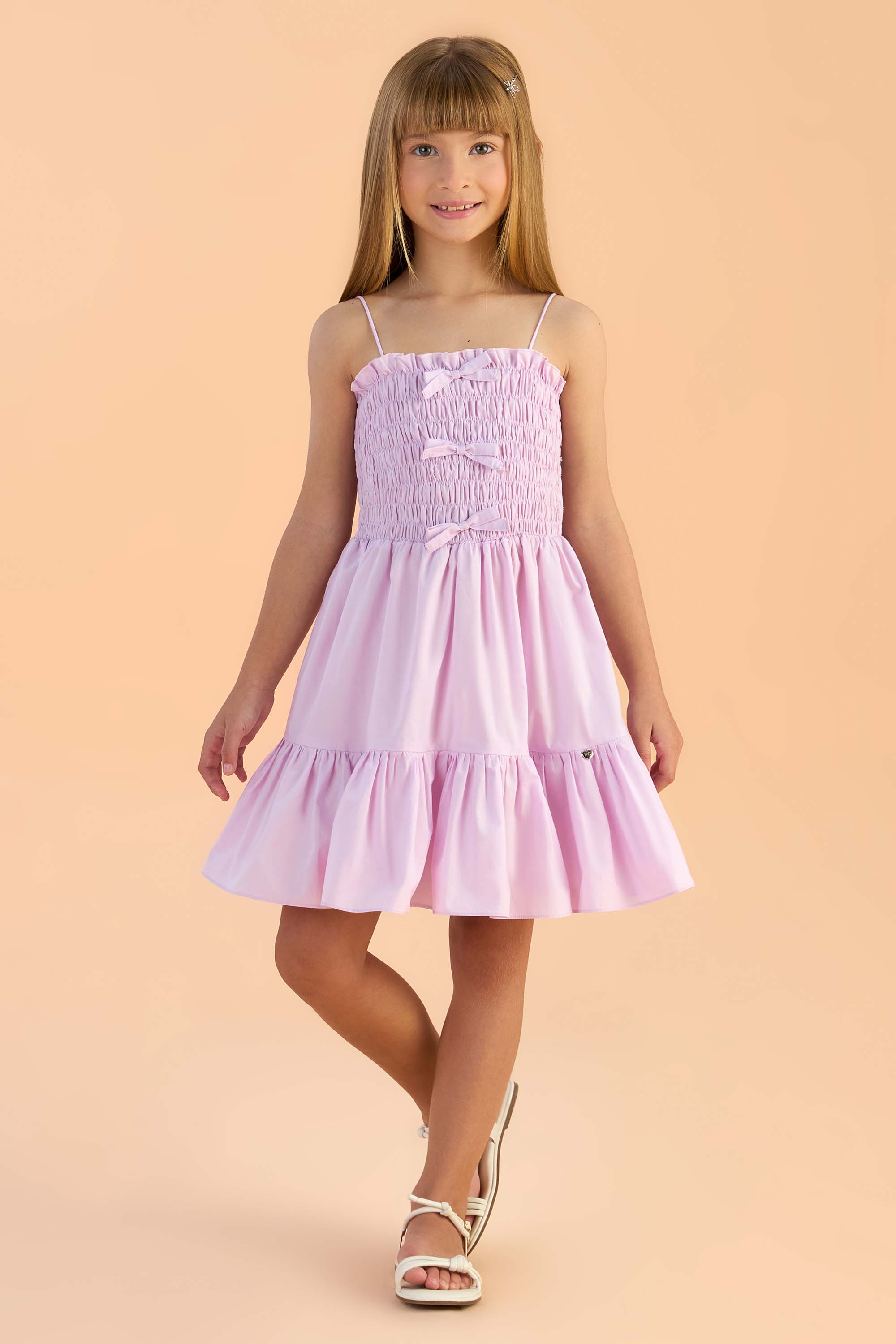 Vestido Petit Cherie Lilás com Laços e Detalhe Franzido