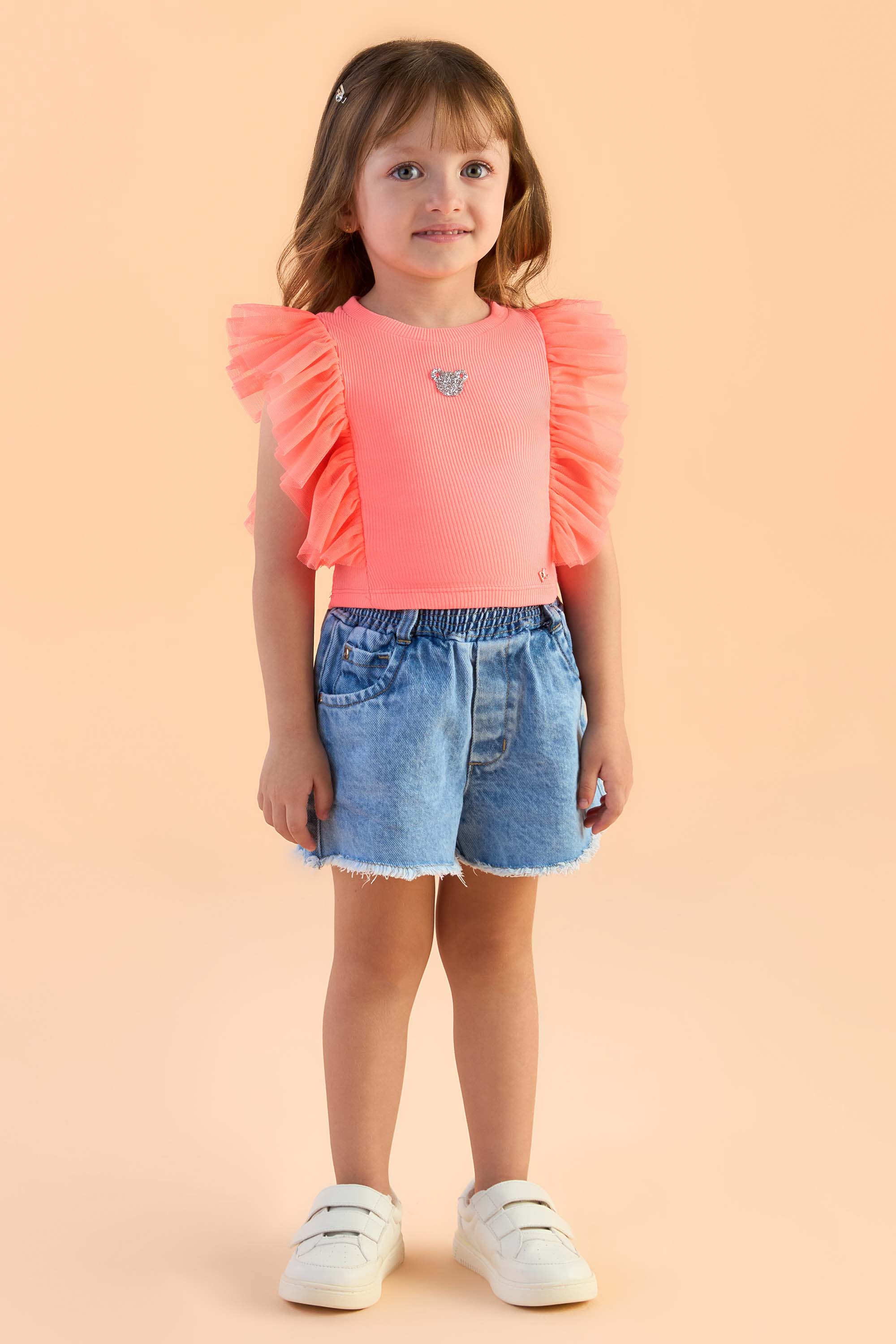 Blusa Infantil Neon com Mangas de Tule e Aplique Brilhante Petit
