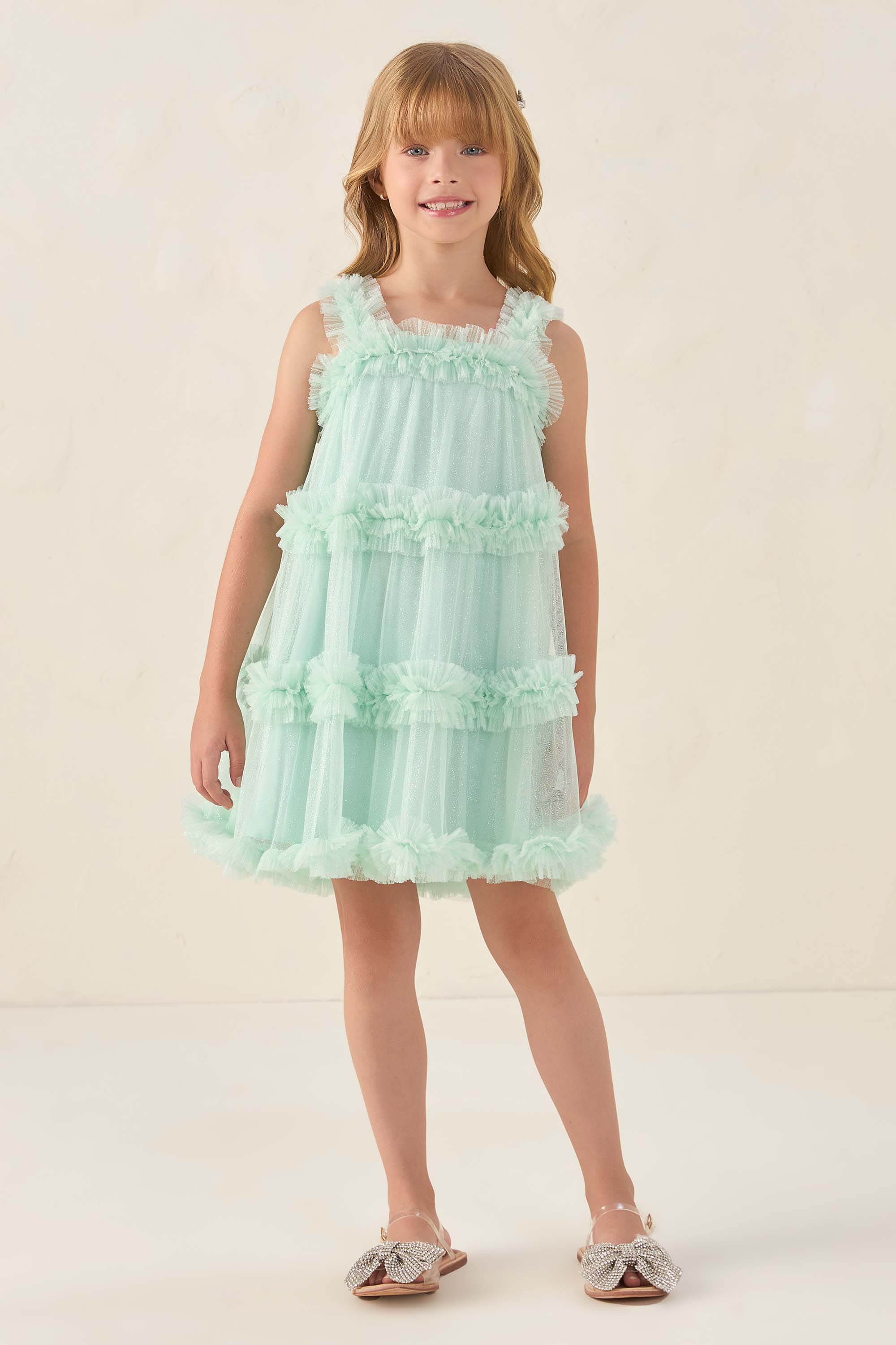 Vestido Infantil Petit Cherie Verde Claro com Tule