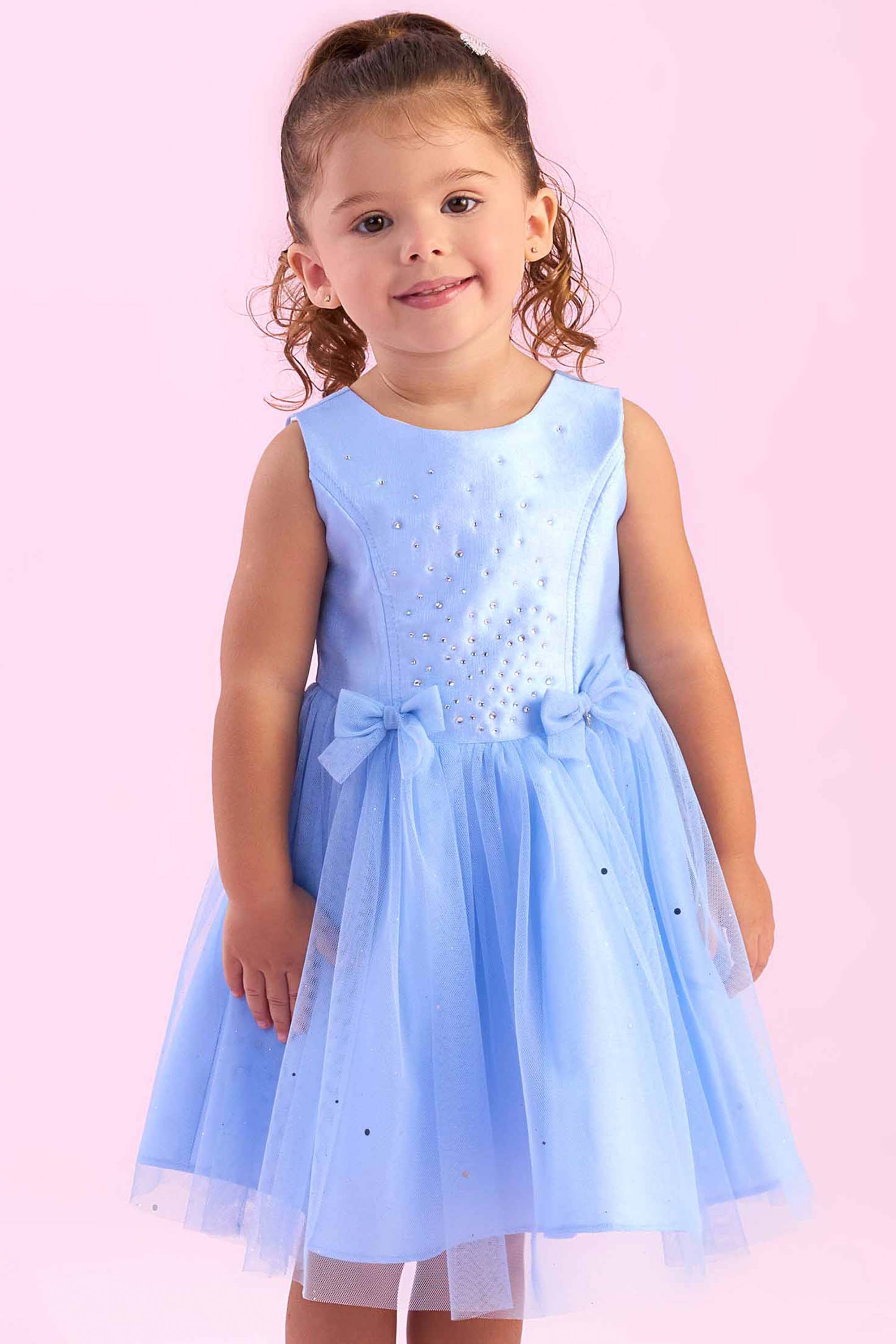 Vestido Infantil Petit Cherie Azul com Cristais e Saia de Tule
