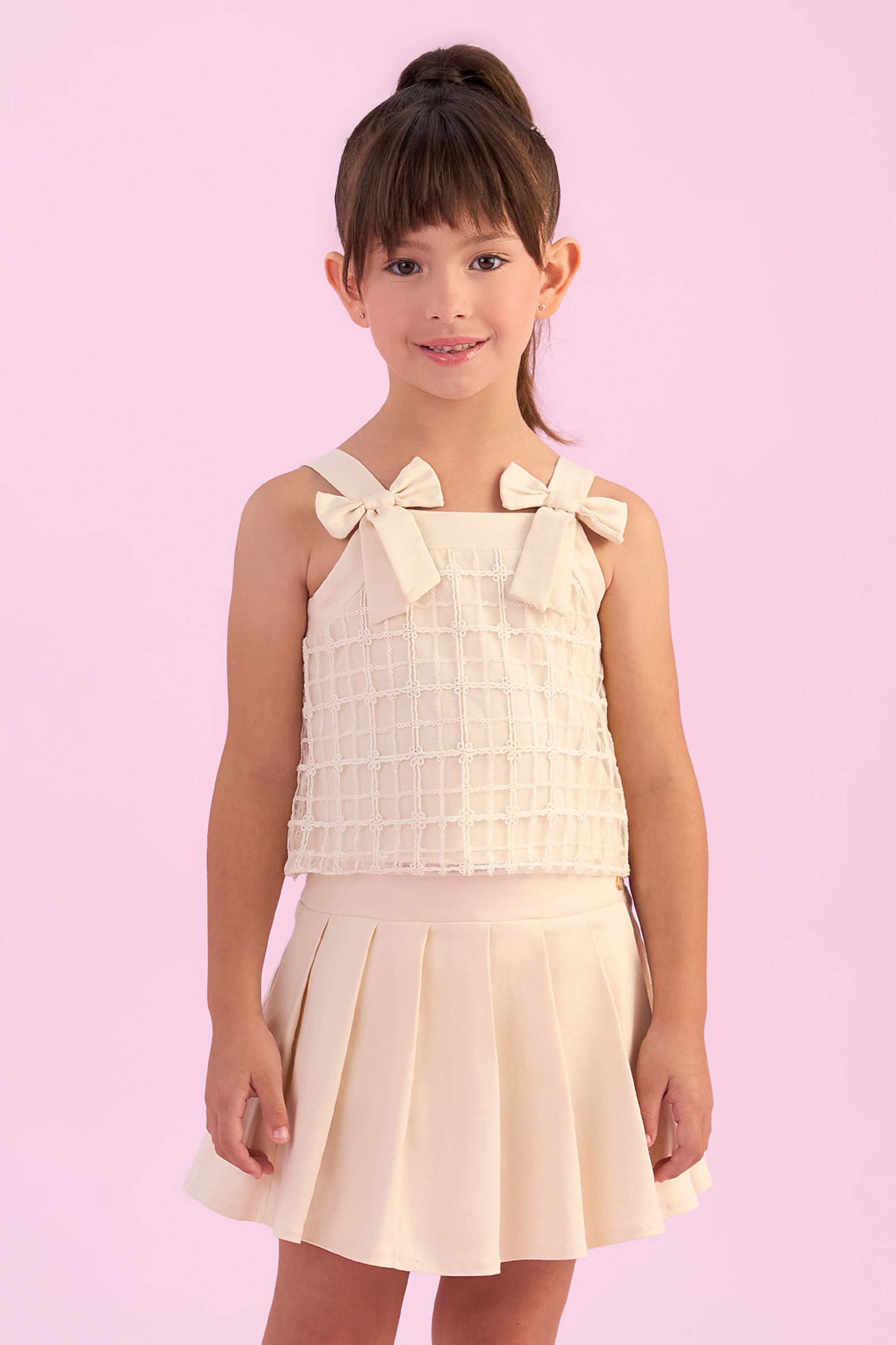 Conjunto Infantil Petit Cherie Blusa com Laços e Saia Rodada