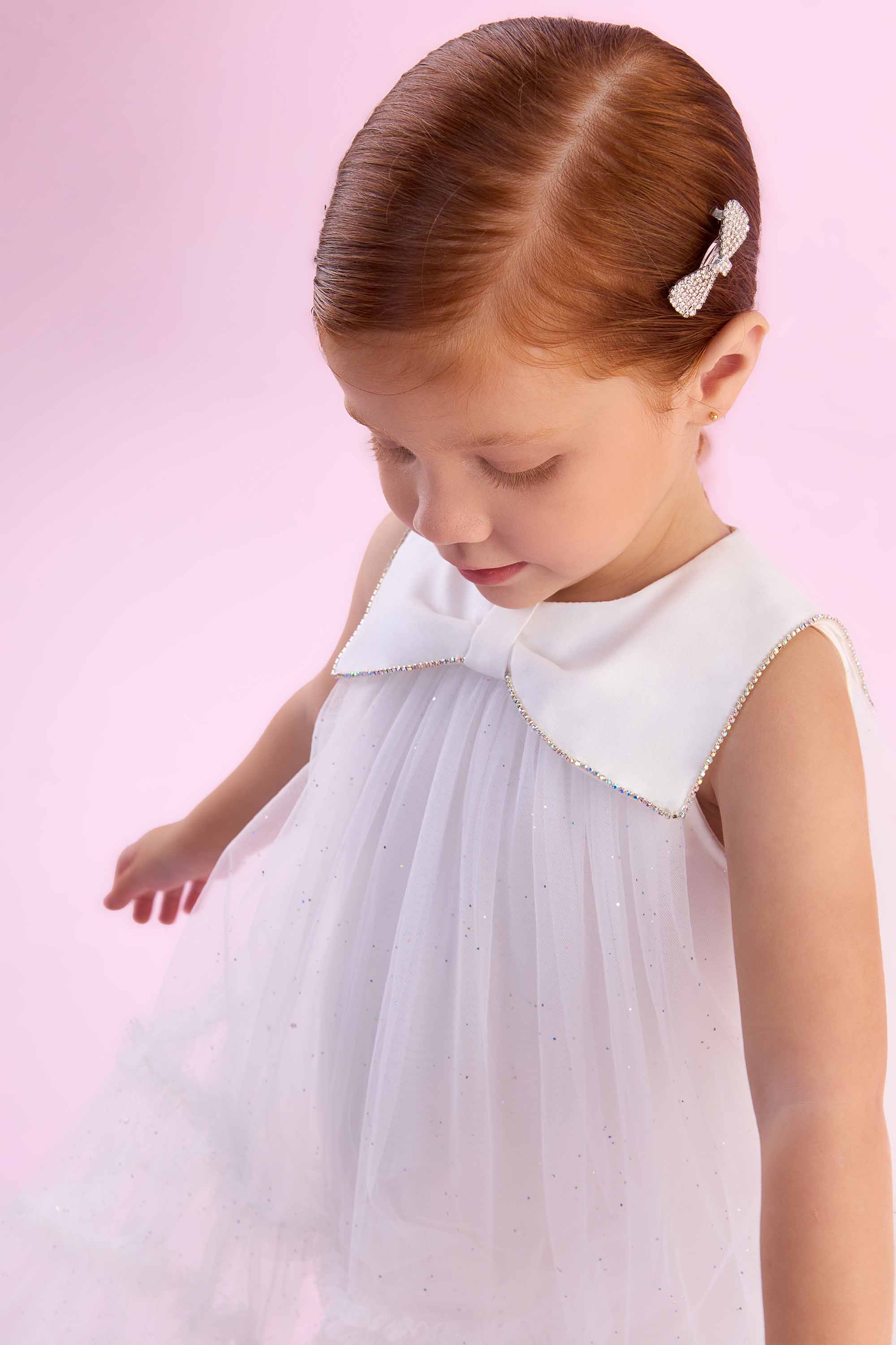 Vestido Infantil Branco Petit Cherie com Tule e Gola Elegante