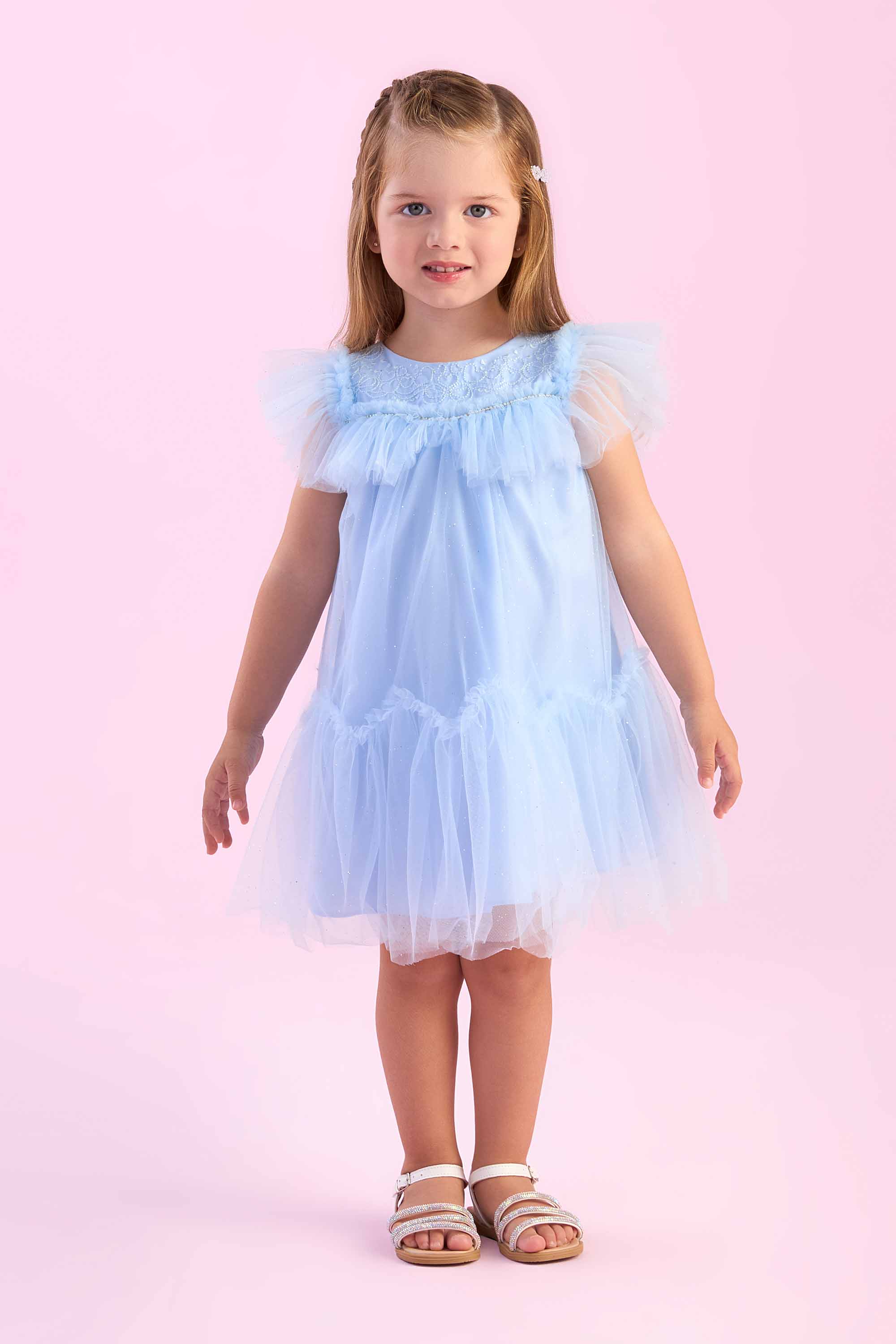 Vestido Infantil Azul Petit Cherie com Tule e Renda Elegância