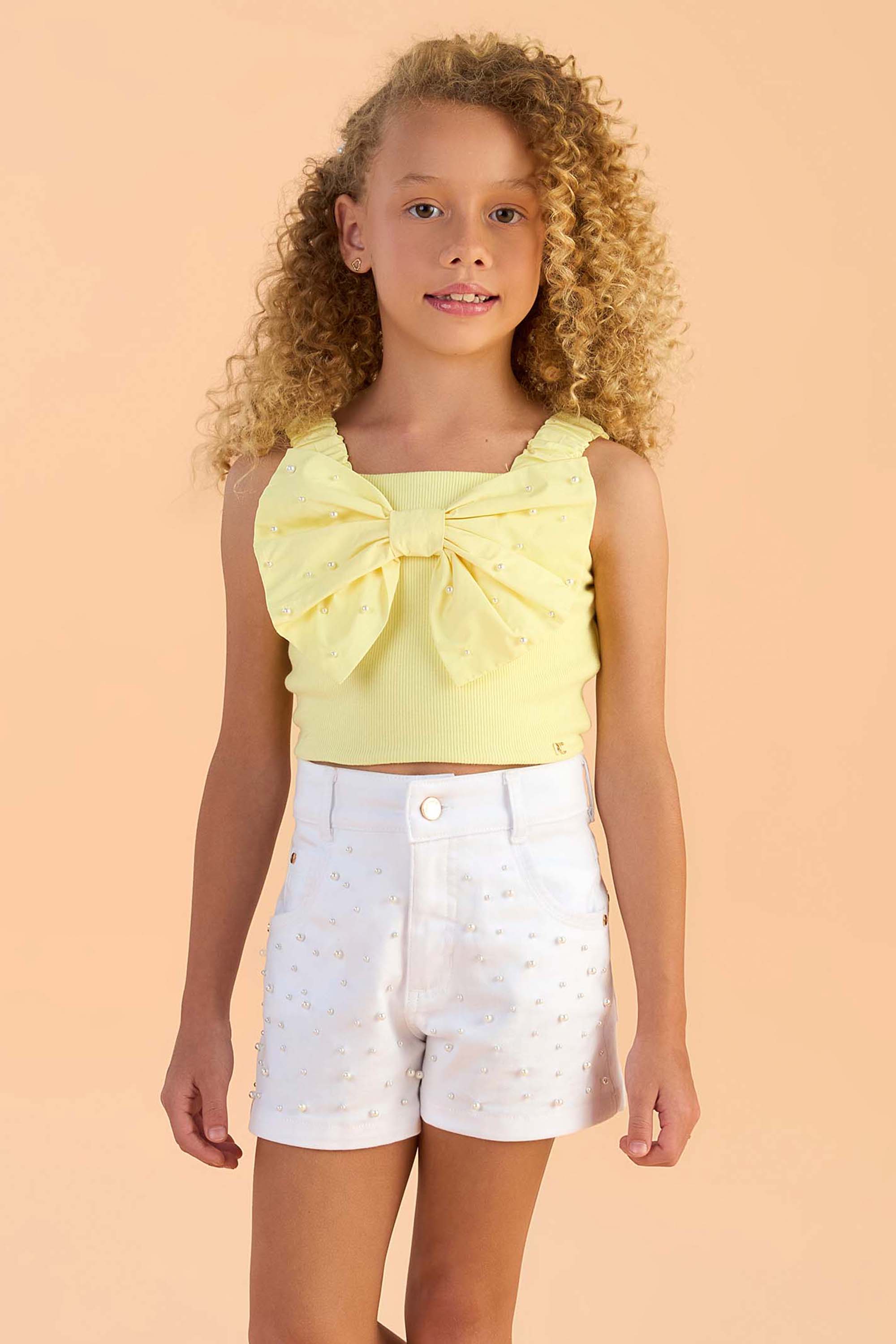 Conjunto Infantil Cropped com Laço e Short Branco - Petit Cherie