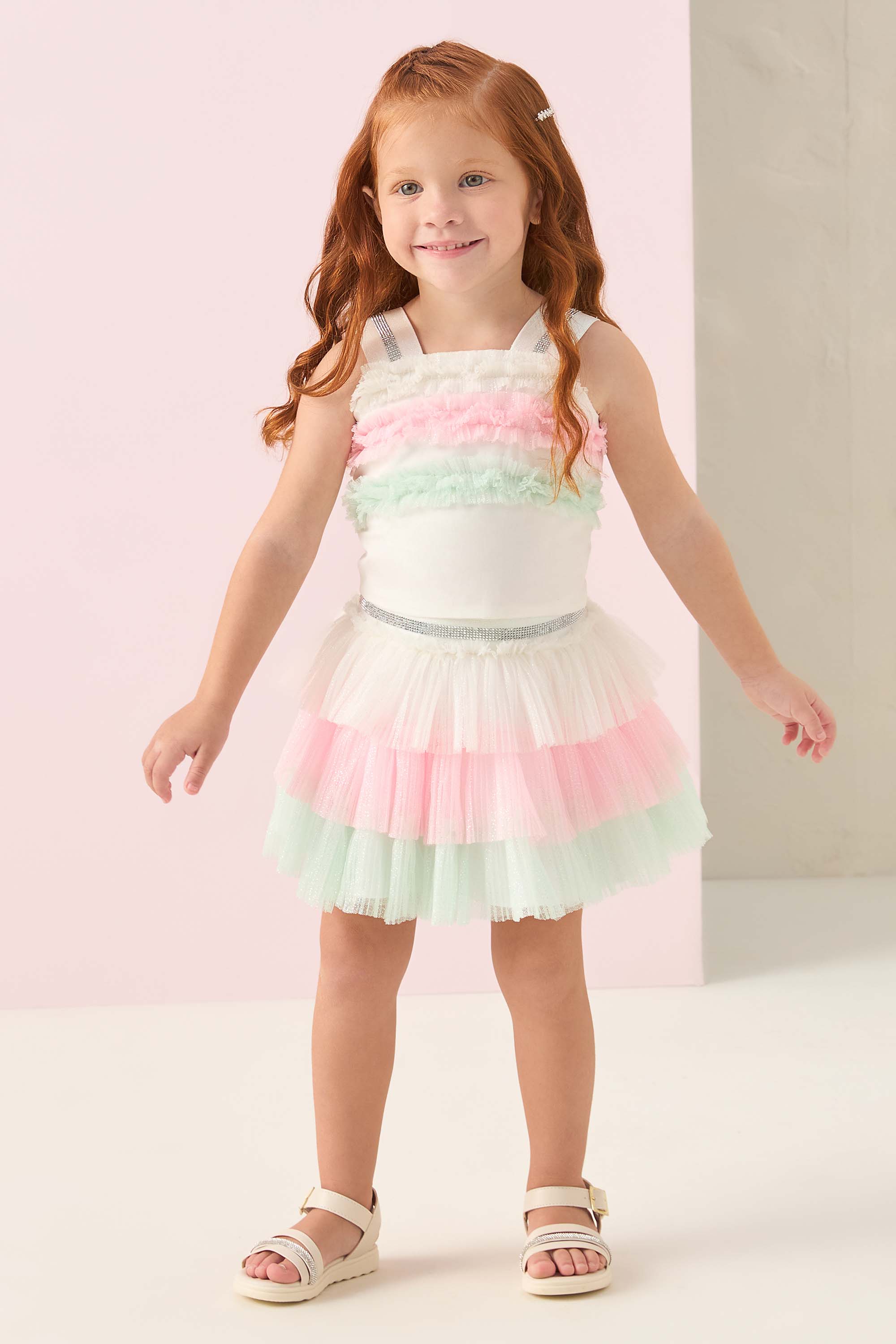 Conjunto Infantil Petit Cherie com Tule Colorido Blusa e Saia