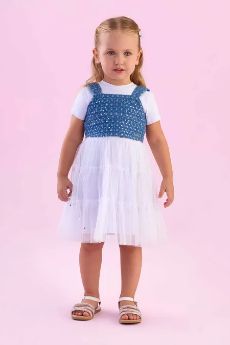 Conjunto Infantil Petit Cherie com Jardineira Azul e Saia de Tule