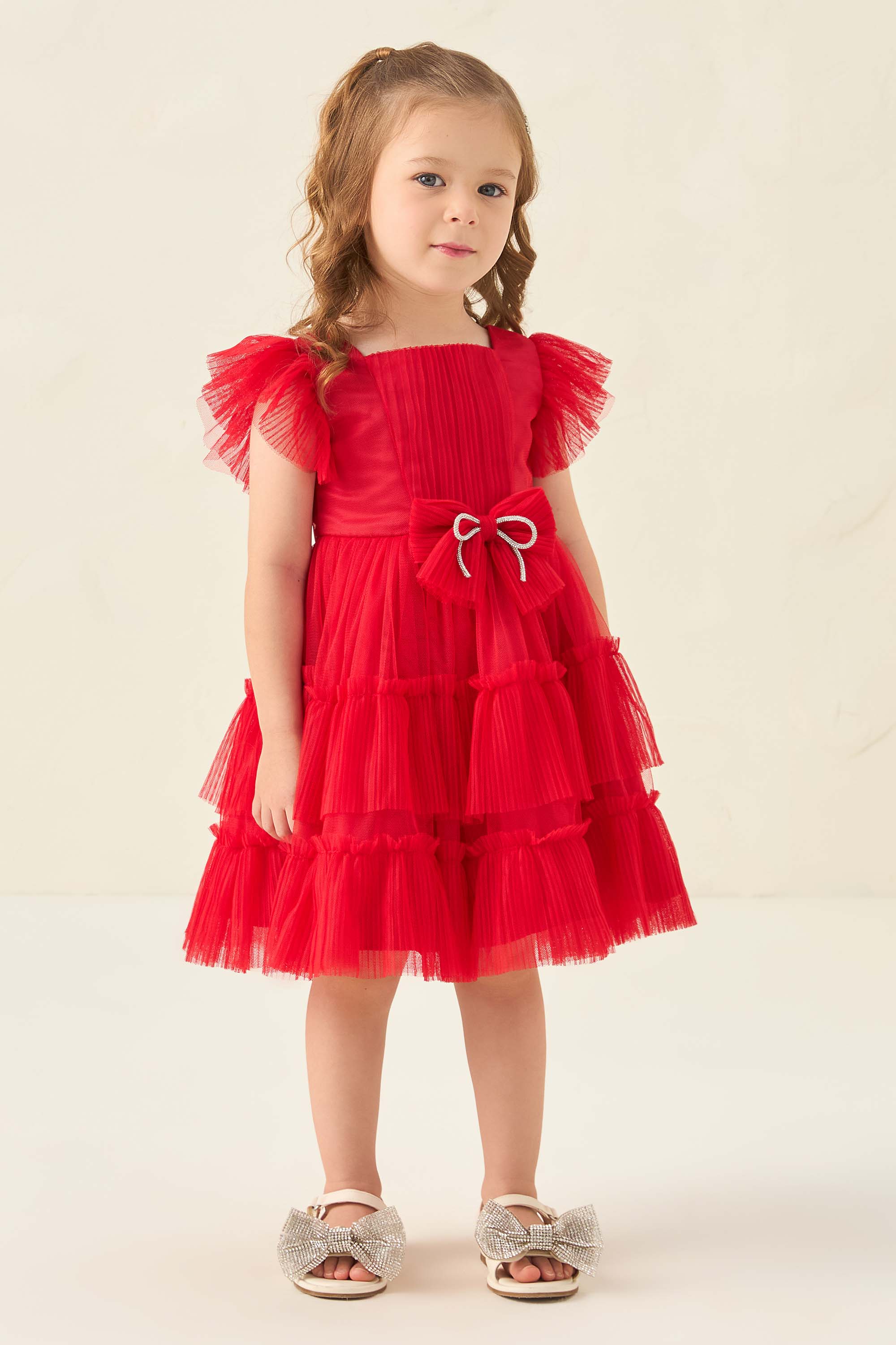 Vestido Infantil Petit Cherie Tule Vermelho Plissado com Laço
