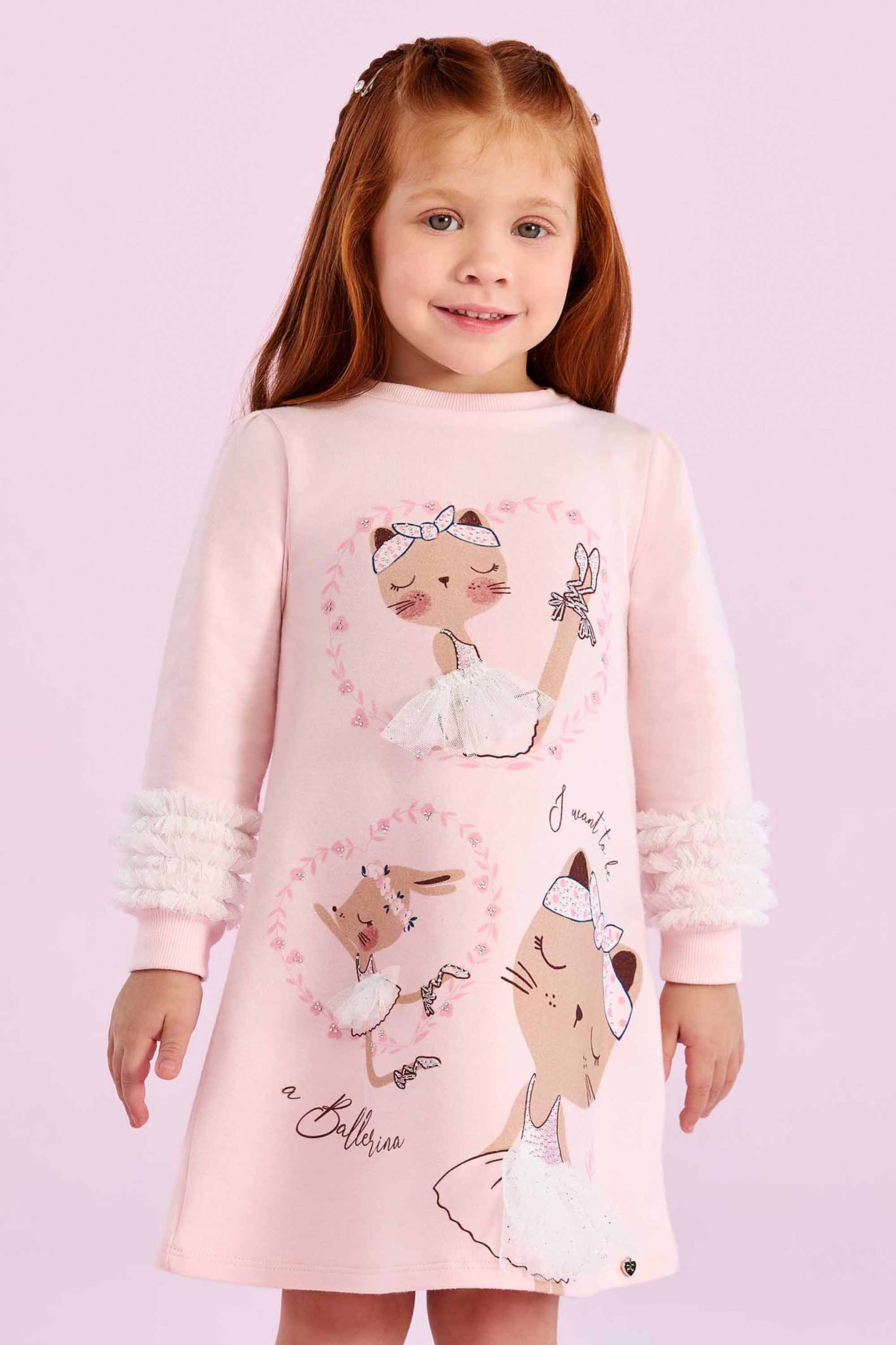 Vestido infantil em moletom com estampa bailarina Petit Cherie