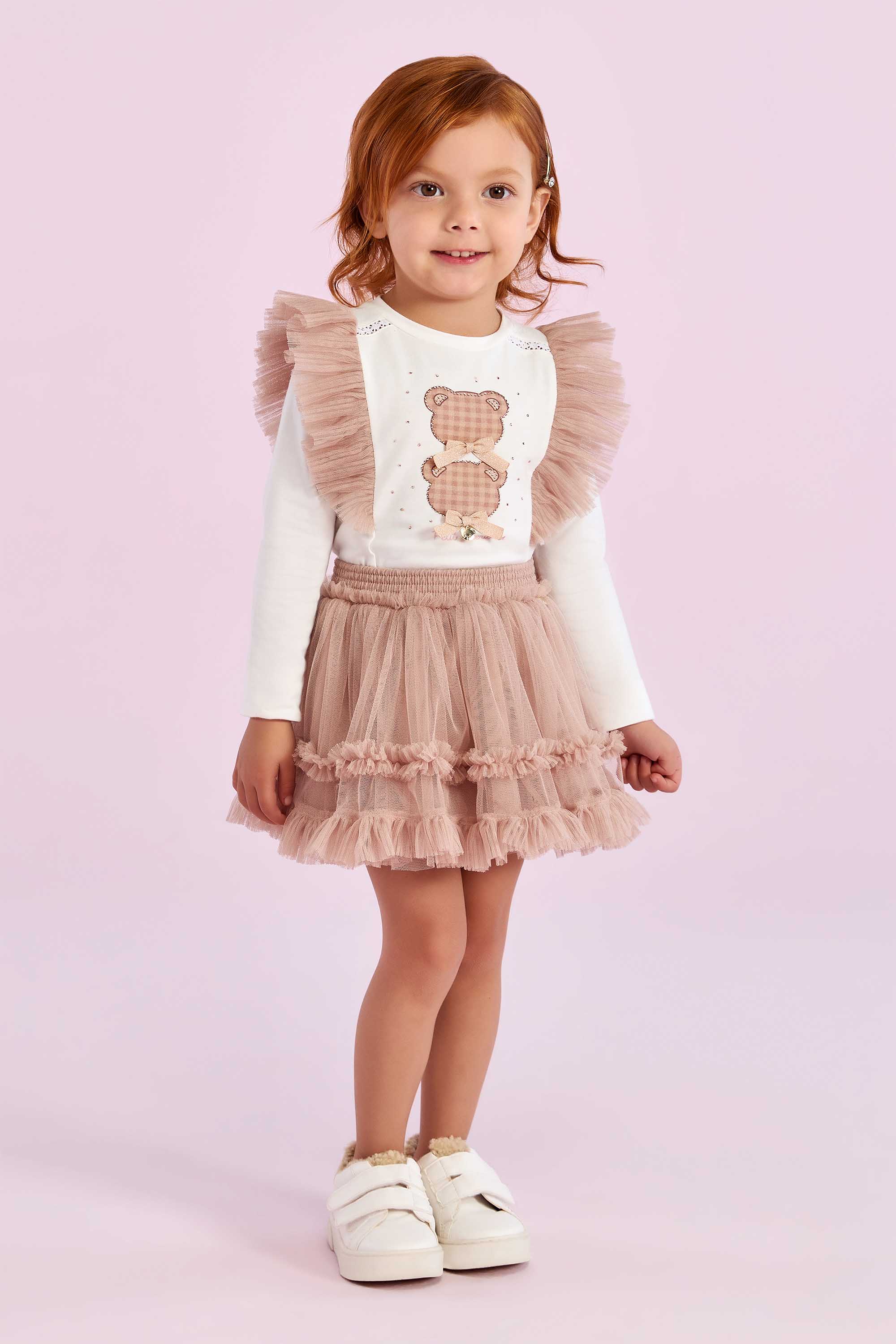 Conjunto infantil Petit Cherie com estampa de ursinho e saia de tule