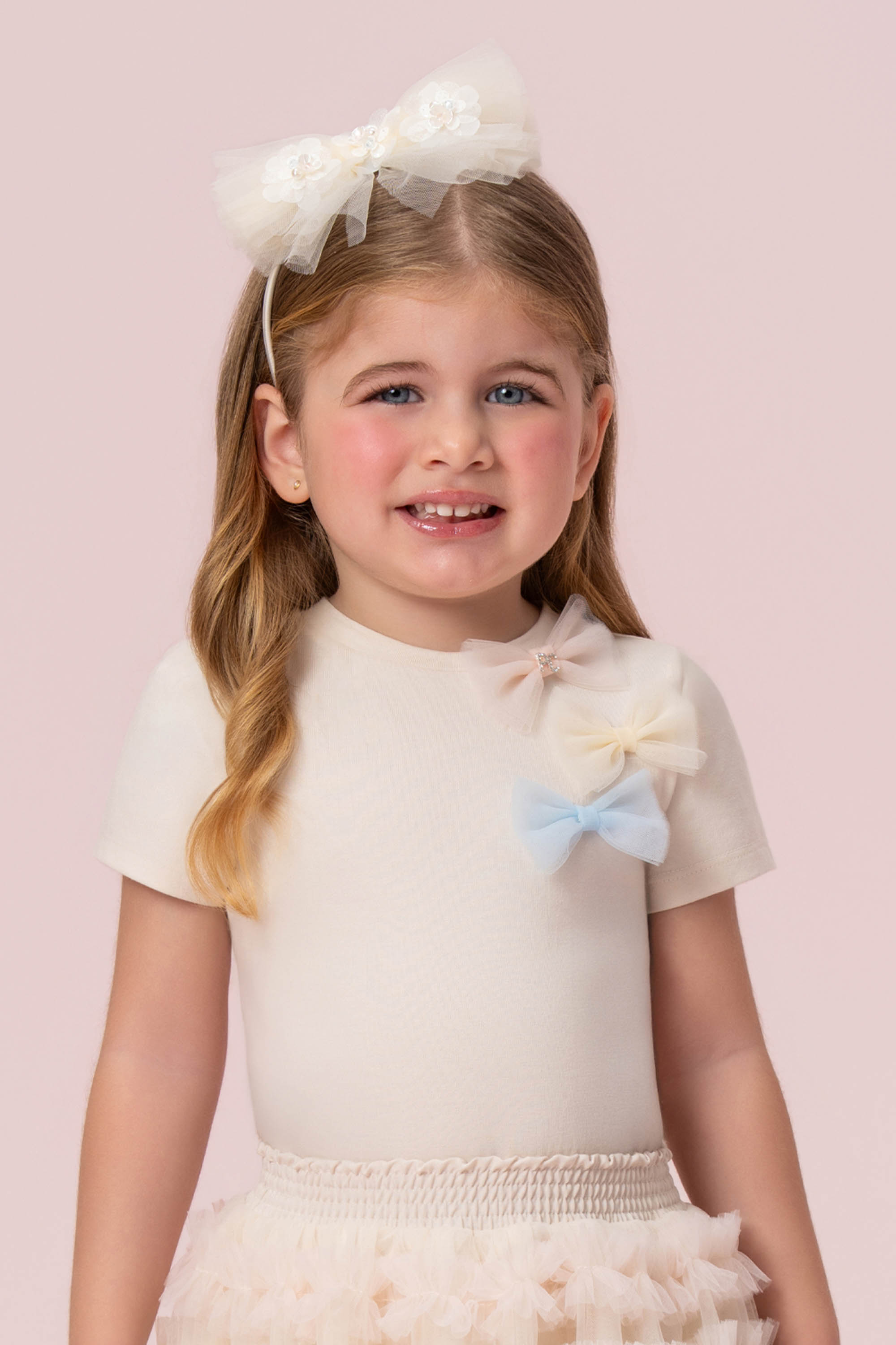 Conjunto Petit Cherie blusa com laços e saia de tule